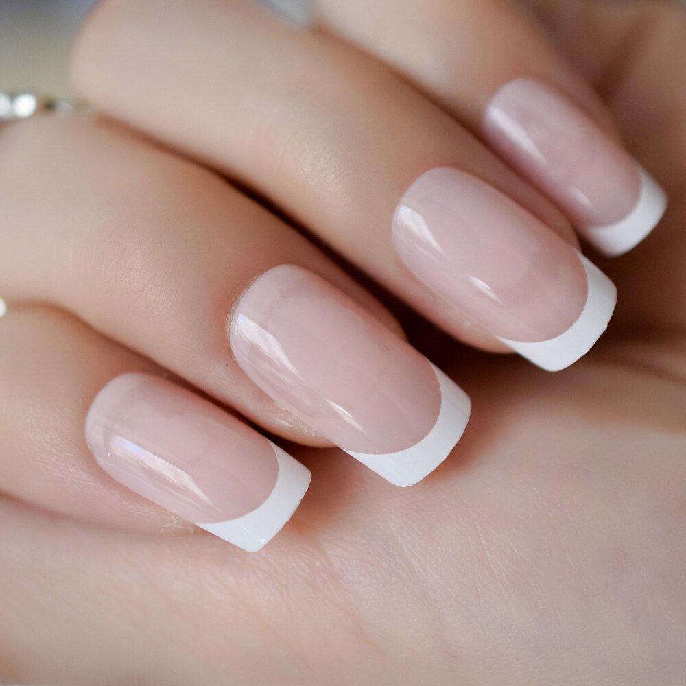 Medium Almond Daily French Nails Glossy Full 24pcs Press On Nails Gel Reusable Faux Nails: L5017