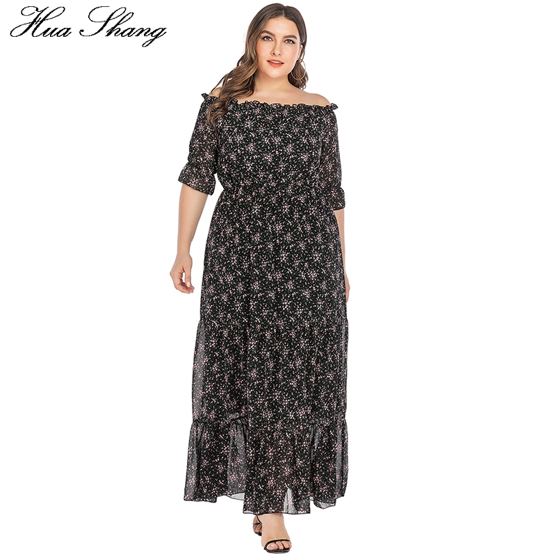 Off Shoulder Jurk Plus Size Zomer Vrouwen Slash Hals Bloemenprint Ruches Chiffon Boho Jurk Maxi Lange Tuniek Strand jurken