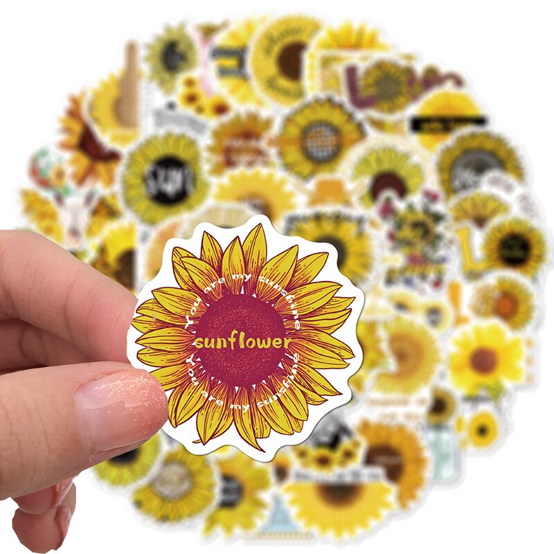 50PCS Plant Beautiful Sunflower Stickers For DIY Stationery Skateboard Guitar Sun Flower Waterproof Decals Laptop Stickers Pack