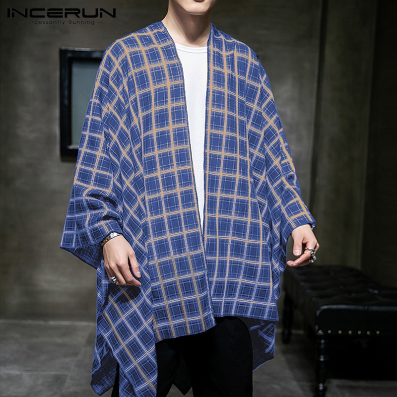 INCERUN, camisa Vintage para hombre, capa a cuadros, puntada abierta, ropa informal suelta, prendas de vestir exteriores , Kimono, Tops, cárdigan de capa Irregular para hombre