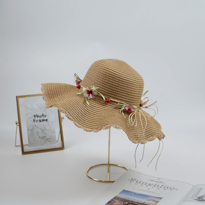 Sombrero de paja con flores para madre e hija, sombrero flexible de ala ancha para playa, verano,: KHAKI