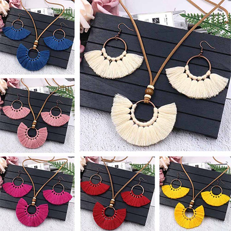 conjunto de joyería de borlas coloridas tejido hecho a mano COLLAR COLGANTE de suéter de cadena larga rojo multicolor amarillo para mujer conjuntos