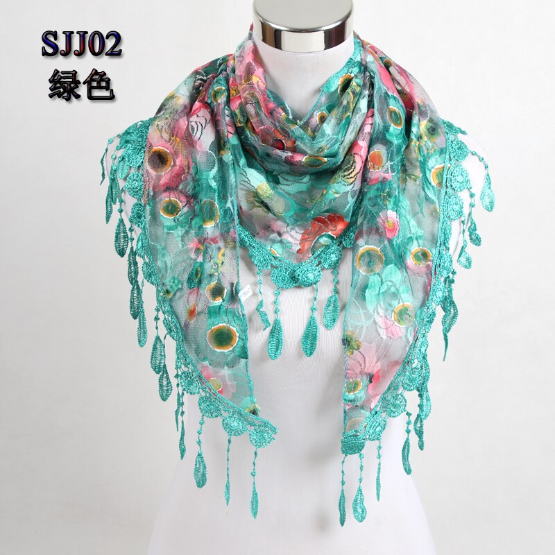 Women Triangle Scarf Lace Floral Summer Beach Tassel Scarves Chiffon Silk Wrap Pashmina Stole Foulard Hijab SJJ02: green