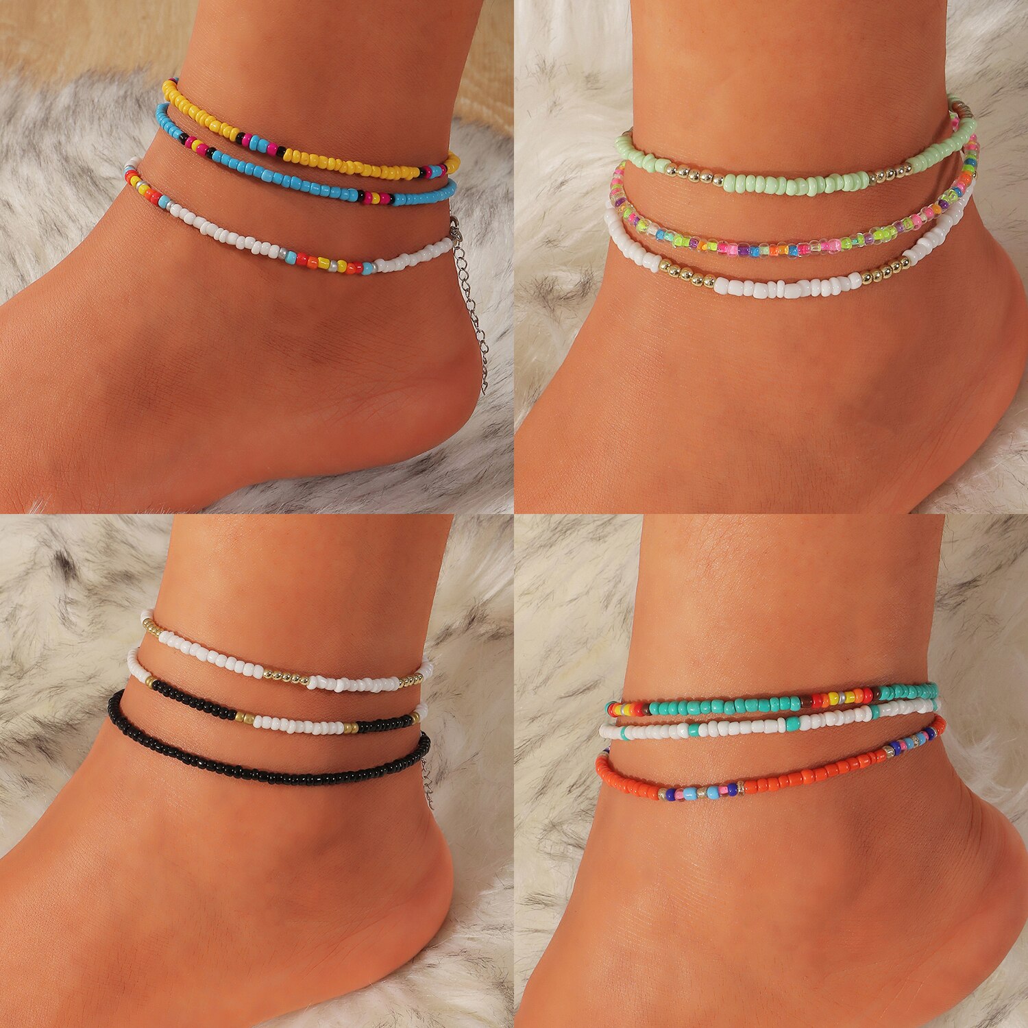 3pcs/set Bohemian Colorful Beaded Beads Anklets For Women Summer Ocean Beach Handmade Ankle Bracelet Foot Leg Beach Jewelry