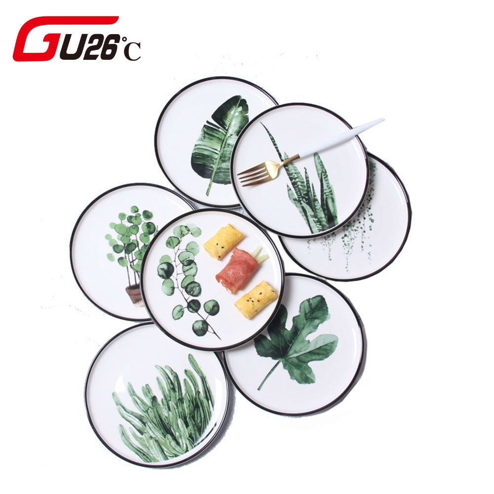Vajilla de porcelana de 8 pulgadas con de plantas verdes, juego de cena, plato de postre de cerámica, plato de pastel, , 1 ud.