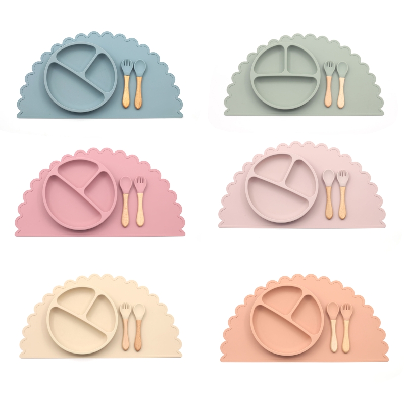 4 Stuks Baby Siliconen Verdeeld Diner Plaat Lepel Vork Placemat Set Training Feeding Gebruiksvoorwerp Gerechten Servies Kit