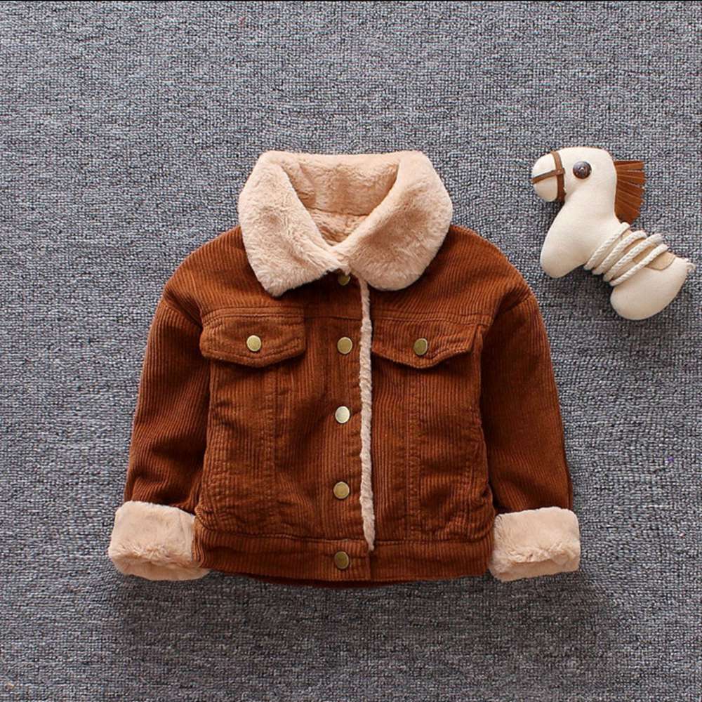 Varm vinterbørn baby drenge fløjl frakke børn revers krage tykkere afslappet corfuroy casacos jakke outwear  s11572: Brun / 18m