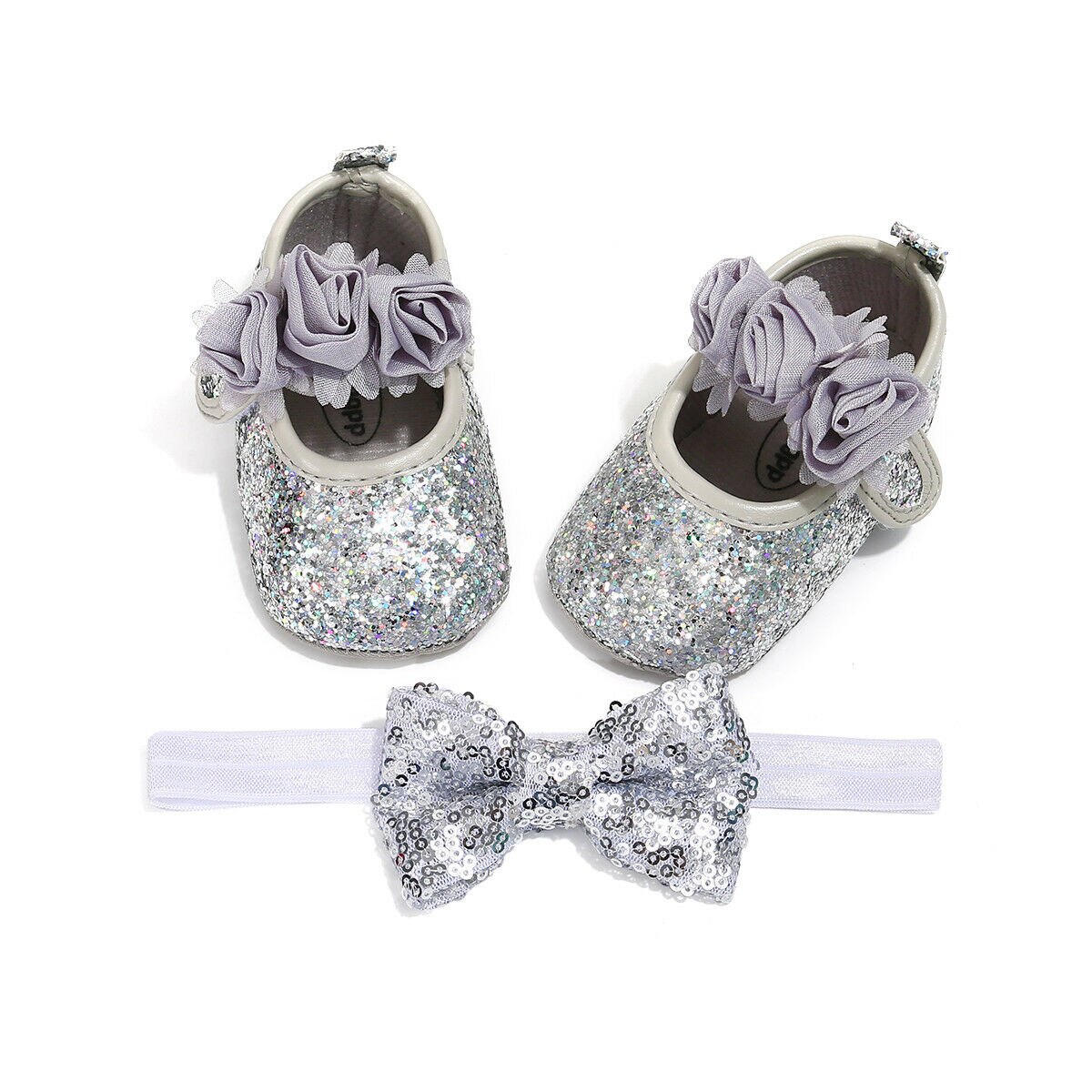 Pudcoco bowknot paljetter barn bebis flicka fest första rullatorer + hårband spädbarn mjuk sula spjälsäng skor 0-18m flicka födelsedag: Silver- / 13-18 månader