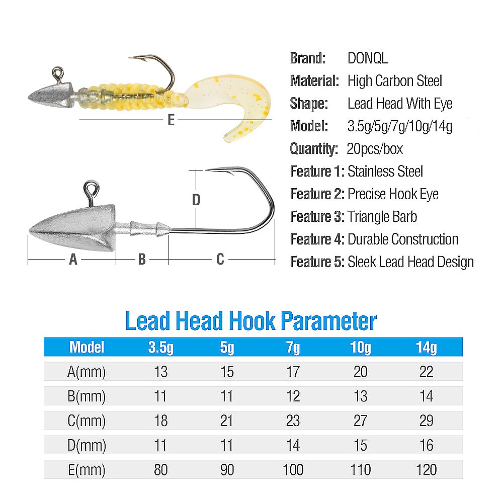 Donql 20 stuks/set lood jigkop vishaak weerhaak karper vishaak 3.5g 5g 7g 10g 14g voor zachte worm kunstaas vishaak uitrusting