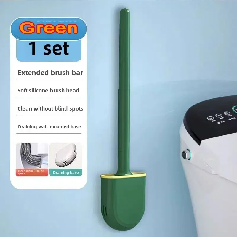 Escobilla de baño para inodoro, escobilla de baño montada en la pared, cabezal de cepillo plano de silicona, juego de cepillos limpiadores suaves de secado rápido, cepillo de limpieza: Verde