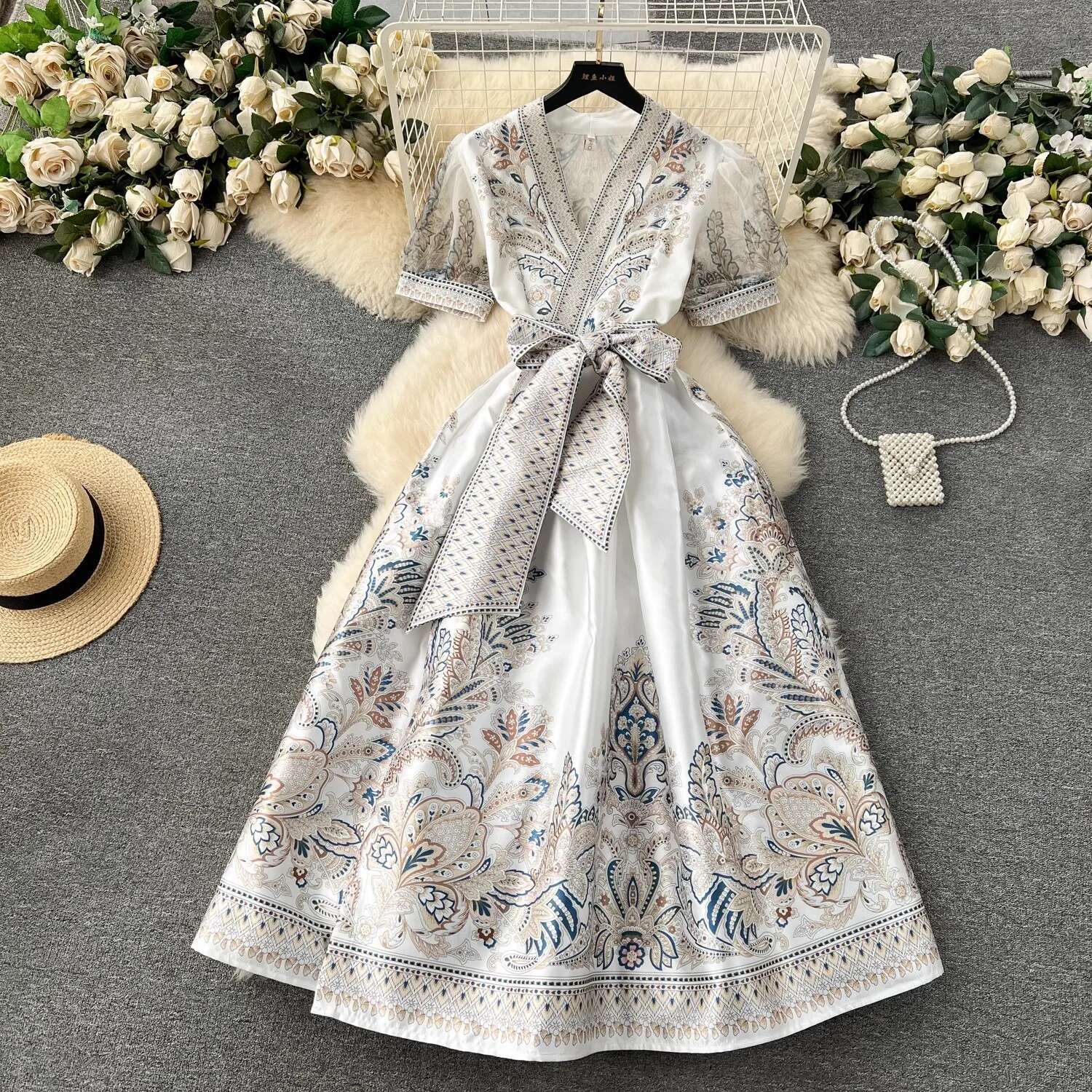 Jamerary Blumen druck Urlaubs kleid Frauen Palast Stil hoch-Ende elegante Promi Midi- Langarm Vestidos: L / dunkel Grau