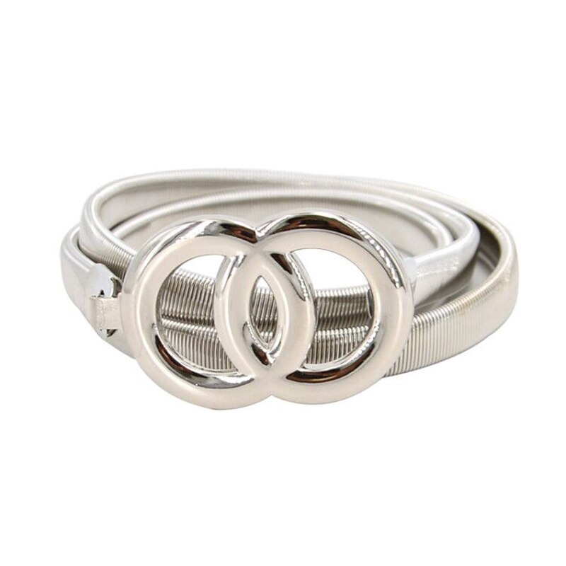Cinturón con cadena y anillos dobles para mujer, cinturón elástico de plata y oro, cinturón de Metal fino para vestido de mujer: silver