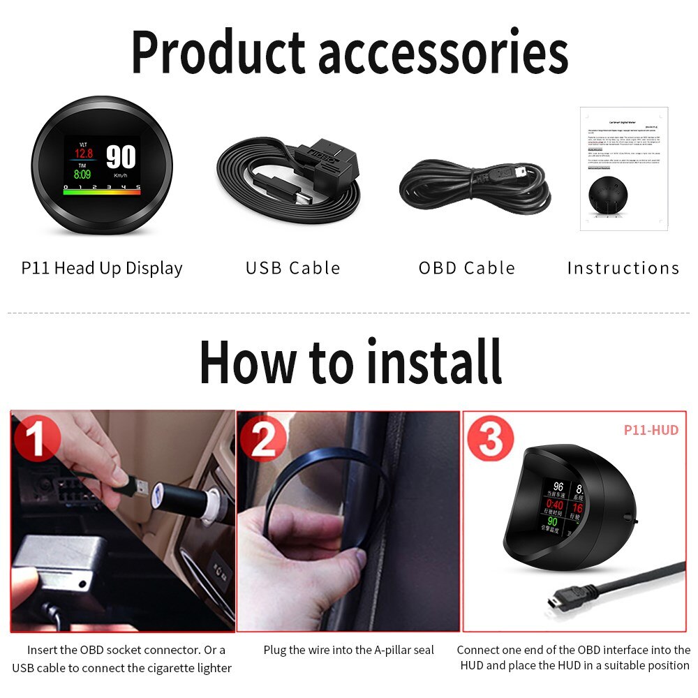ODB2 GPS double système voiture compteur numérique intelligent écran couleur affichage de les Dates P11 sécurité HUD ODB2 rond tête haute