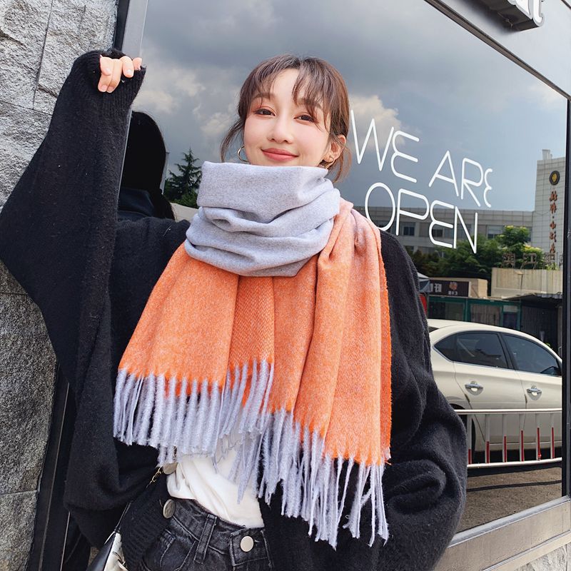 Winter Cashmere Scarf Women Thick Warm Shawls Wraps Lady Tie Dye Scarves Tassels Pashmina Blanket: Orange Gray