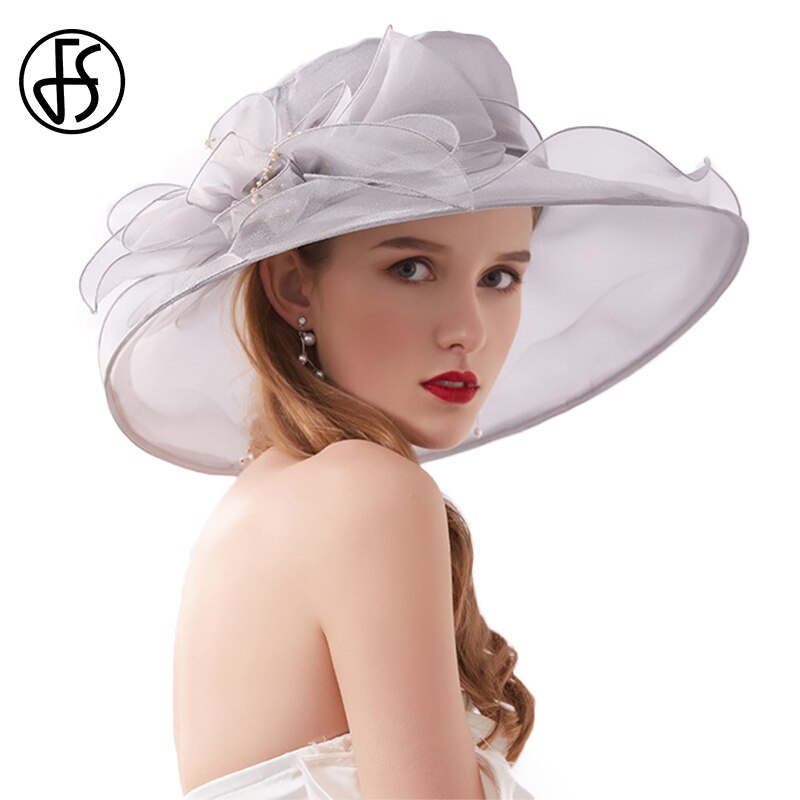 FS -sombreros de Iglesia transpirables para mujer, sombrero de ala ancha de Organza, gris, púrpura, para de té, con flor de malla