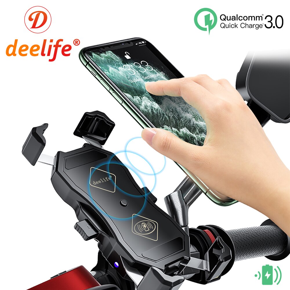 Deelife Mobile Phone Holder Motorcycle Wireless Charging with QC 3.0 USB Qi Charger GPS Navigation Mount Bracket