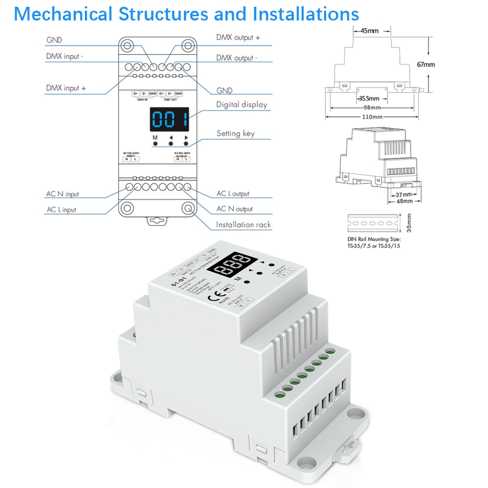 1CH*2A AC Phase-cut DMX Dimmer S1-D1 DIN rail AC100-240V 480W Triac DMX Dimmer, Dual channel output Silicon DMX 512 controller