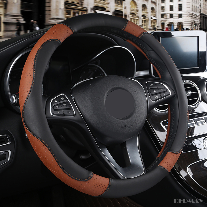 DERMAY Sport Style Contrast Color Non-slip Sweat Good Breathable PU Leatherette 15 Inch Car Steering Wheel Cover: Brown