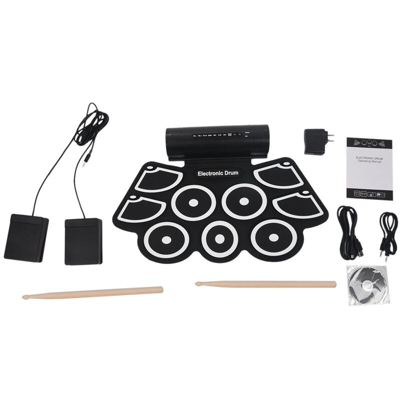 Portable Roll up Electronic USB MIDI Drum Set Kits 9 Pads Built-in Speakers Foot Pedals Drumsticks USB Cable For Practice