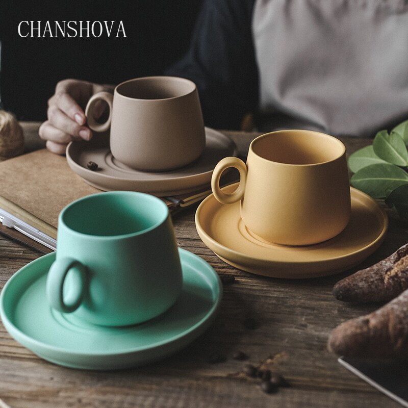 Chanshova enkelhet enfärgad keramisk kaffemugg och fat 210ml tekoppsset mjölkmugg dricksredskap porslin porslin  g082