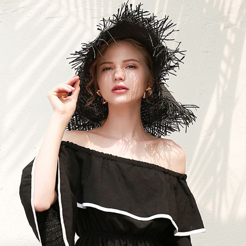 Cappelli di paglia largo Grande Cappello A Tesa Larga Cappelli di Paglia Della Spiaggia di proprietà di Modo Grande cappello di Paglia Cappello Del suola Nero