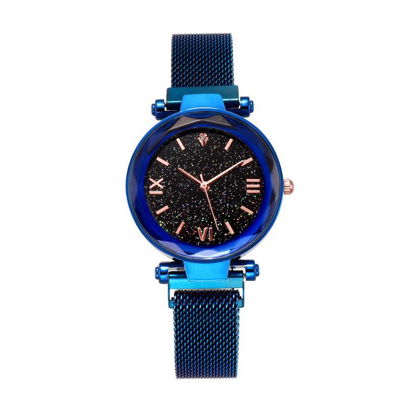 Luxe Vrouwen Armband Horloges Magnetische Gesp Mesh Band Romeinse Display Star Sky Dames Student Jurk Quartz Horloge: Blue