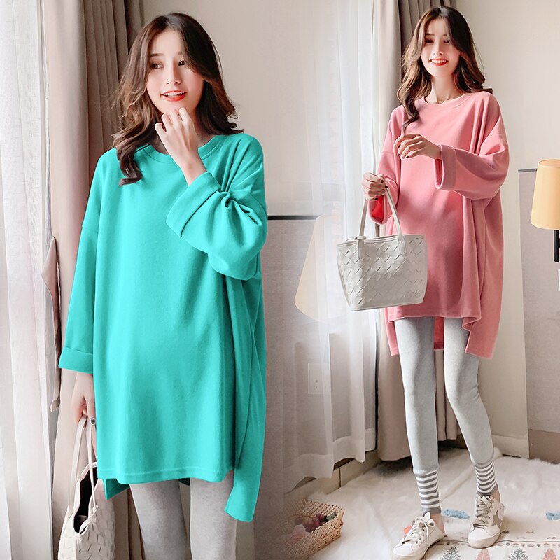 Good Pregnant Women Long Loose T-shirt Solid Color High Low Irregular Maternity Cotton Tees Plus Size Pregnancy Tops