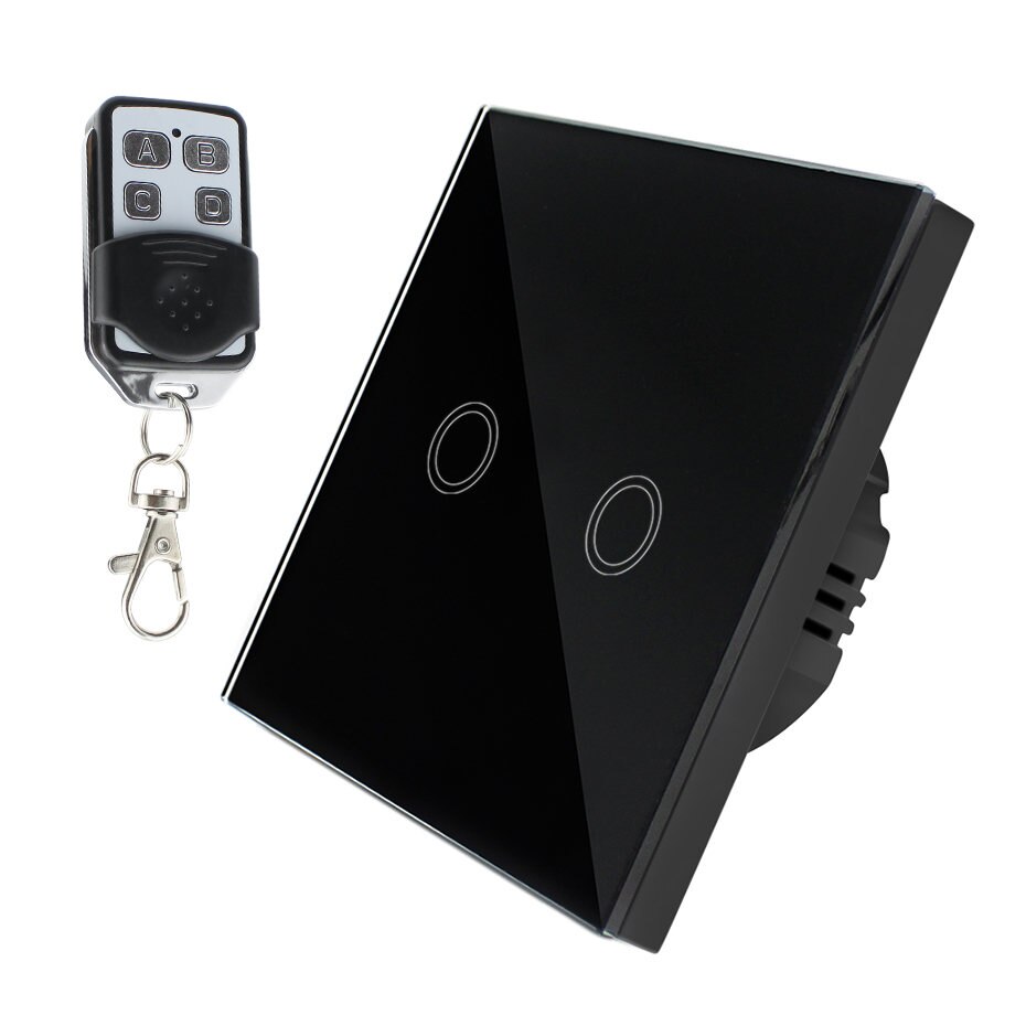 Interruptor táctil LED con 1/2/3 entradas, 220V, Sensor estándar para UE/RU, interruptor inalámbrico para lámpara de pared con Control remoto, Panel de vidrio templado de 433MHz: Black 2 gang Remote