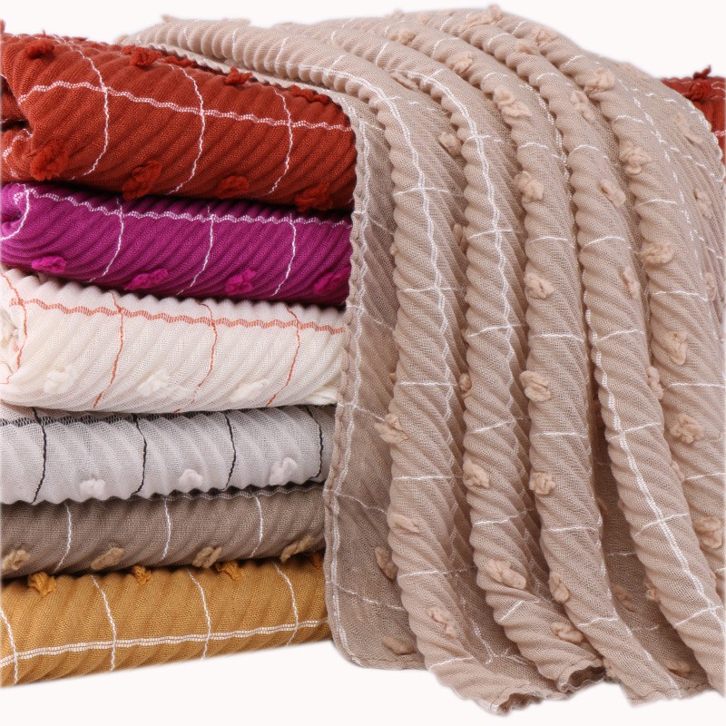 Kvinder fuld plisseret crush bomuldstørklæde muslimske hijabs sjaler tern stribede plaider fuzzy ball shawl hovedtørklæde wraps tudung tørklæder