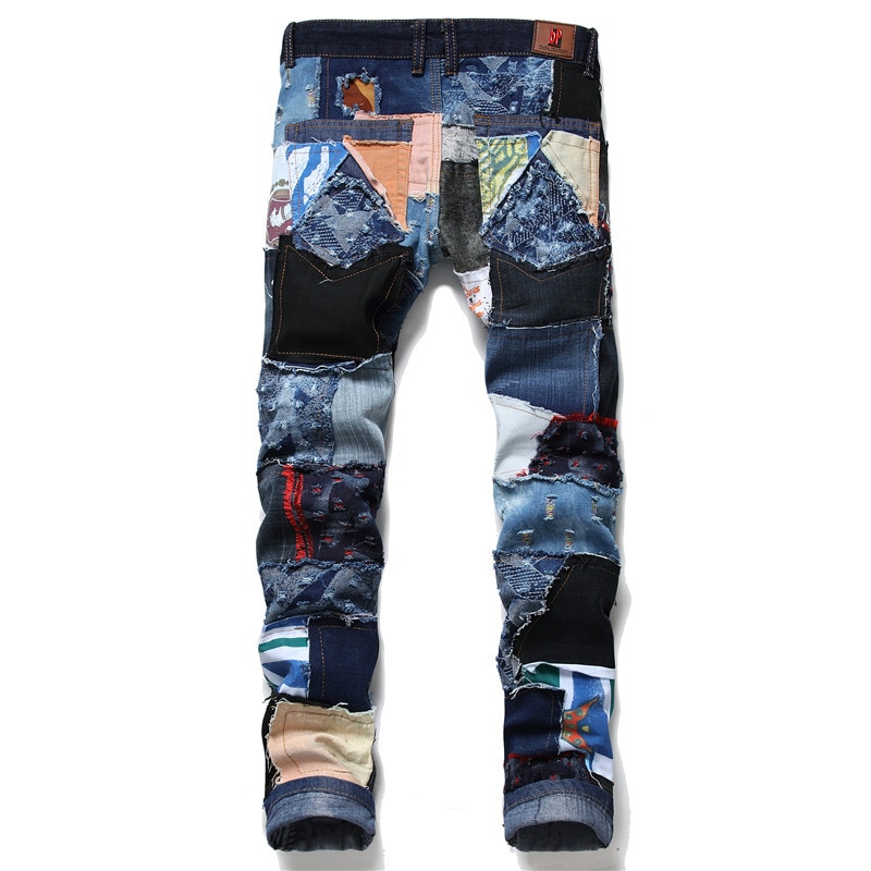 Jeans rasgado botão de ajuste reto masculino destruído retalhos punk hip hop moda algodão denim calças dropshipping