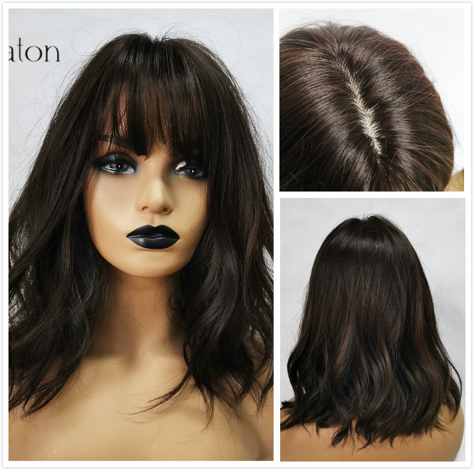 ALAN EATON Medium Bob Straight Hair Wig with Bangs Black Brown Synthetic Wigs with Highlights for Women African American Cosplay: lc210-4