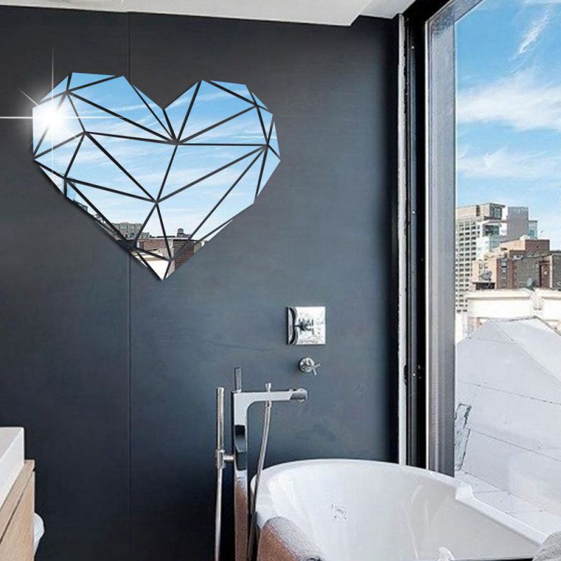 Geometric Heart-shape Mirror Stickers Self Adhesive Living Room Home Decor Wall Stickers Decal Art Valentine's Day
