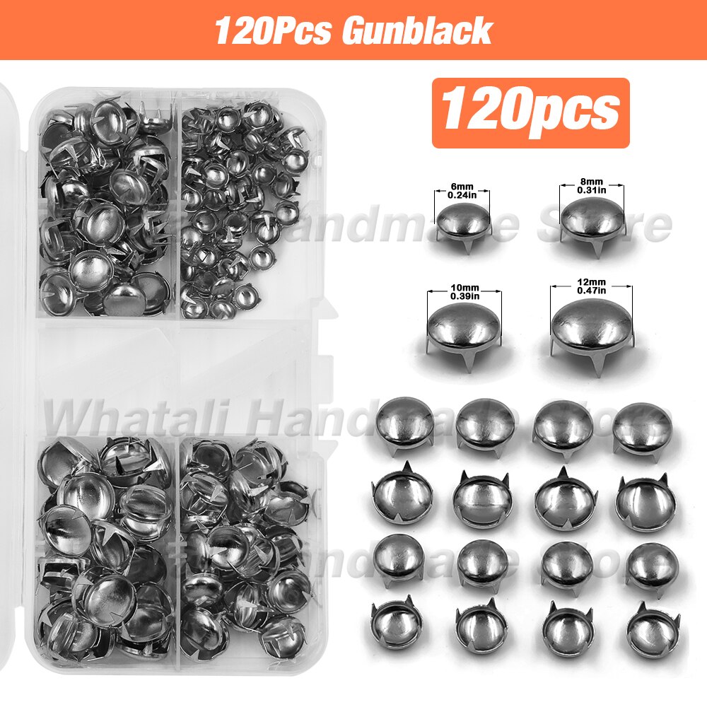 Moule en forme de dôme rond, Rivets, pointes, Kits de têtes de clous avec presse à main, Machine pour chaussures, sacs et vêtements, maroquinerie, 6/8/10/12mm: 120Pcs Gunblack