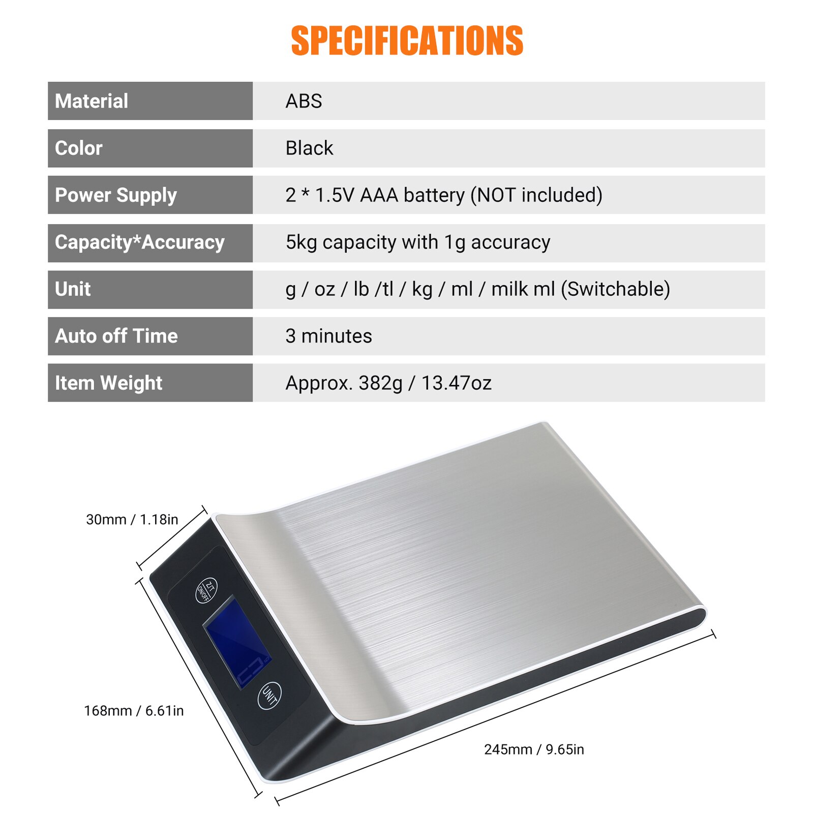 High Precision Digital Scale with Waterproof Surface 5kg/1g Electronic Scale LCD Display with Backlight Scale Baking Scale