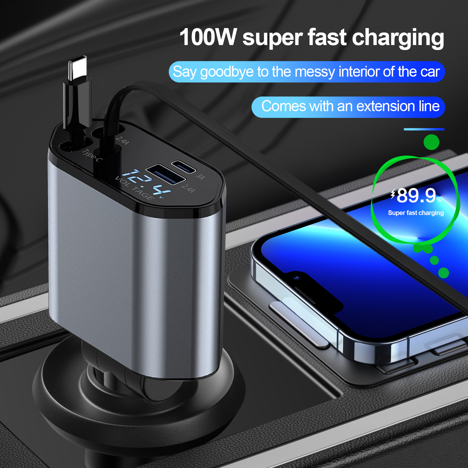 4 i 1 uttrekkbar billader , 100w hurtiglading med 2 usb-bærer, uttrekkbar iphone-lader og trykk-c-lader, uttrekkbar kabel