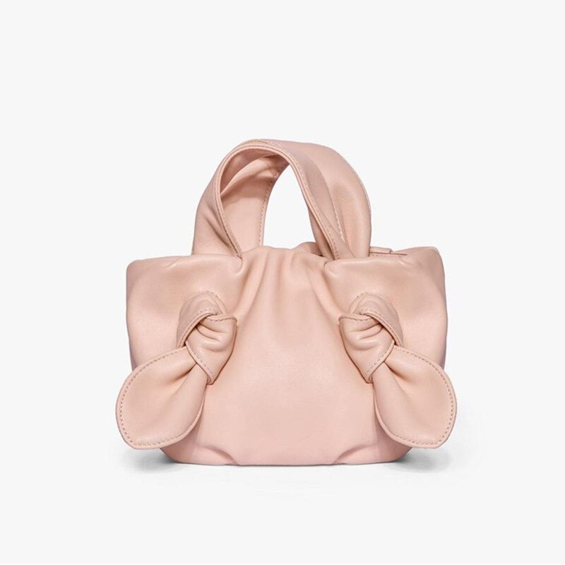 Summer Style Soft Leather Pleated Tote Bag Lady Shoulder Messenger Bag Cloud Bow Handle Women Handbag