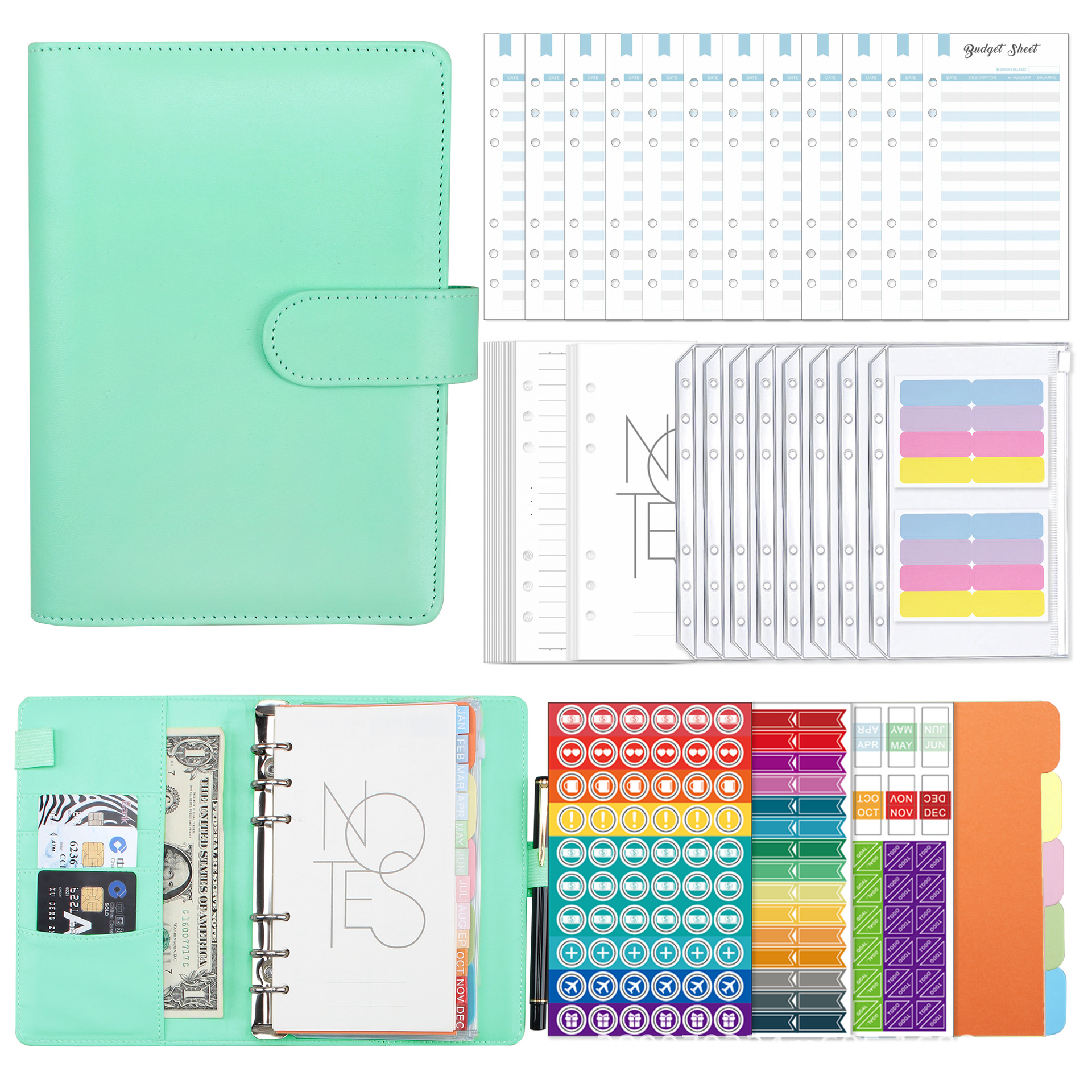 2022 A6 PU Leather Notebook Binder Budget Planner Organizer 6 Ring Binder Cover 12 Binder Pockets Agenda Planner Cover: Green-A6
