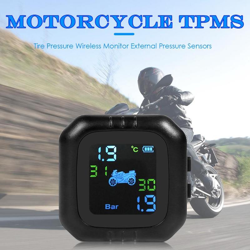 TPMS Motorcycle Tire Pressure Monitoring System Wireless LCD 2External Sensor Realtime Monitor Abnormal Alarm Moto Tyre Tool PSI