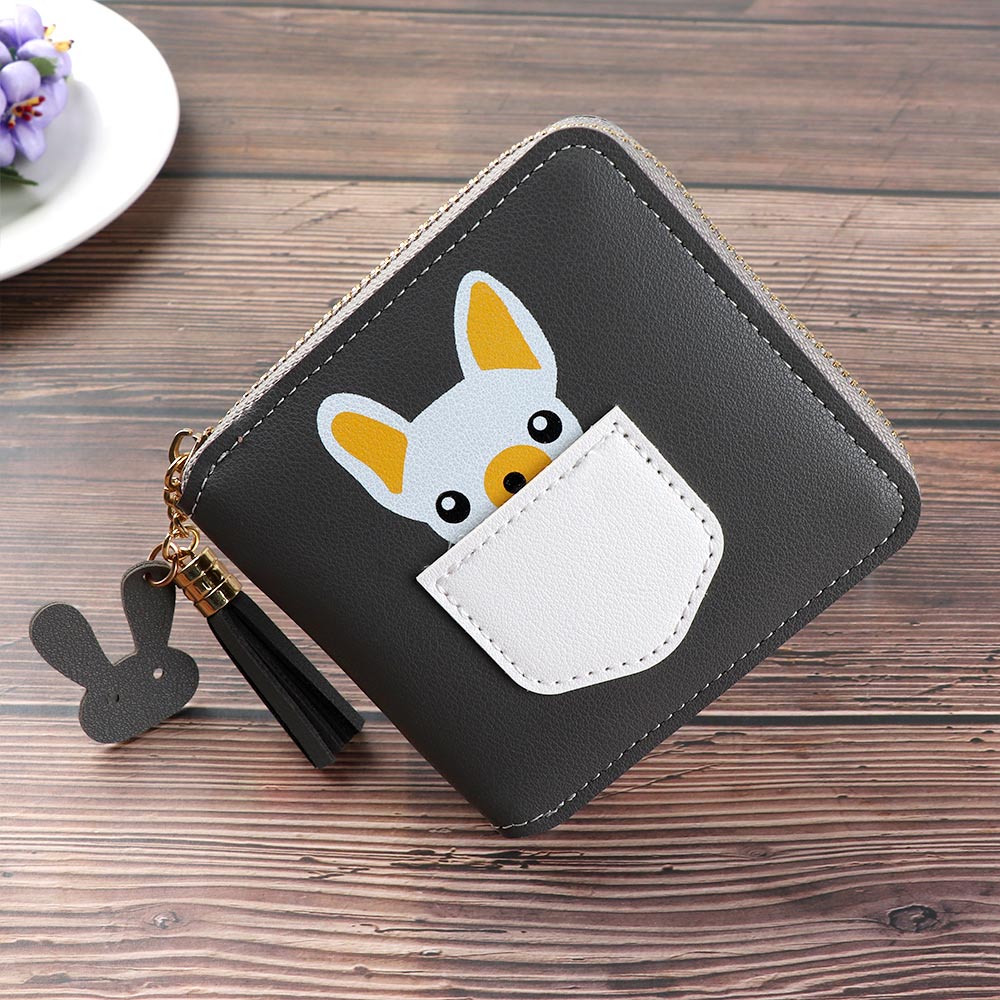 Korte kwastjes dames portemonnees schattige kleine portemonnee cartoon hond dier korte portemonnee met rits rond dames clutch kaarthouder: Grijs