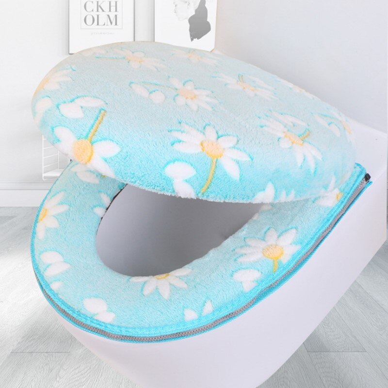 Badeværelse værktøjer hele sæsonen tyk toilet sædeovertræk varmt blomstermønster lynlås toiletbetræk sæt: Blå