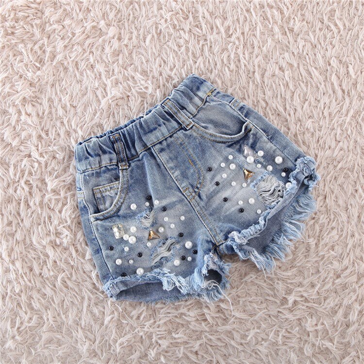 Filles mignon Shorts Denim trou bébé perle jean pantalon court été enfants pantalon fille vêtements: style 1 / 17-150CM-9-10T