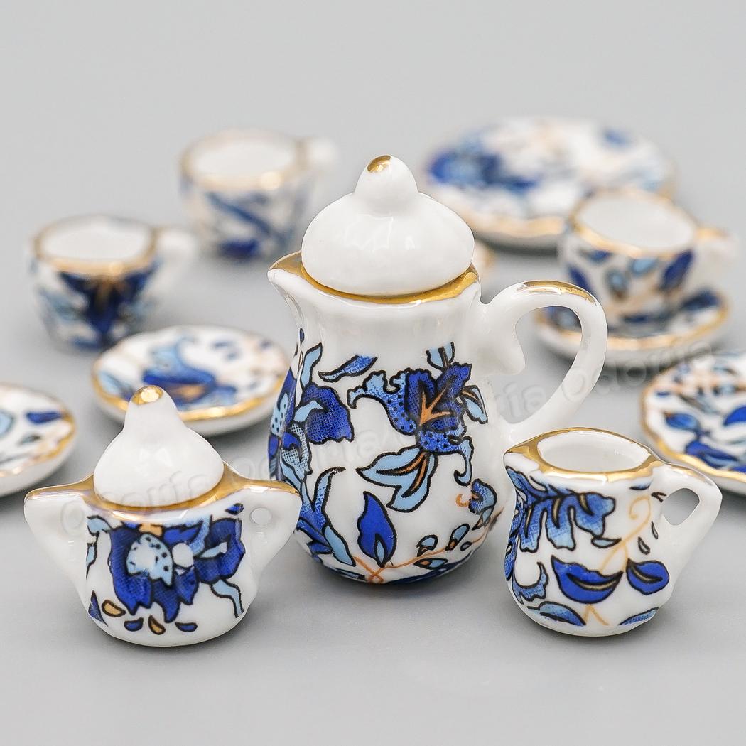 Odoria 1:12 Miniature 16PCS Blue Flower Patten Porcelain Coffee Tea Cups Ceramic Tableware Dollhouse Kitchen Accessories