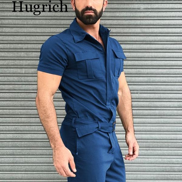 Efterår mænd korte ærmer basis arbejdsoverall til mænd ren farve cargo overalls afslappet street wear jumpsuit herre overalls: Blå / L