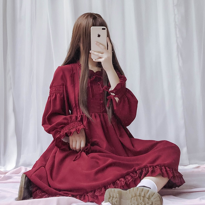 Lolita klänning söt söt puffärm japansk kawaii flickor prinsessa hembiträde vintage lös kvinnor op dress rosett rund krage