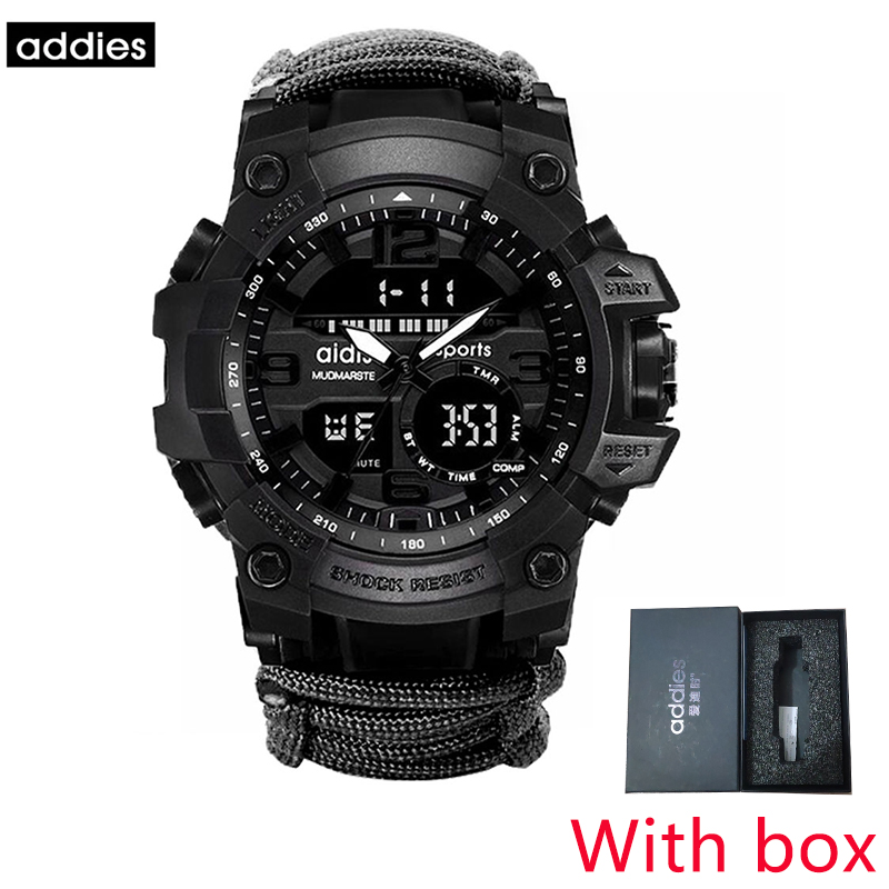 Addies Survival Outdoor Heren Horloge Emergency 50M Waterdicht Kompas Multifunctionele Horloge Digitale Quartz Relogios: black with box