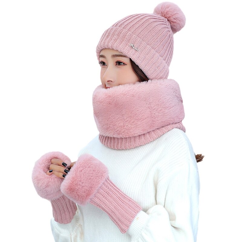 Dames winter 3 stuks pompom muts harige cirkel sjaal vingerloze handschoenen set  x7jb