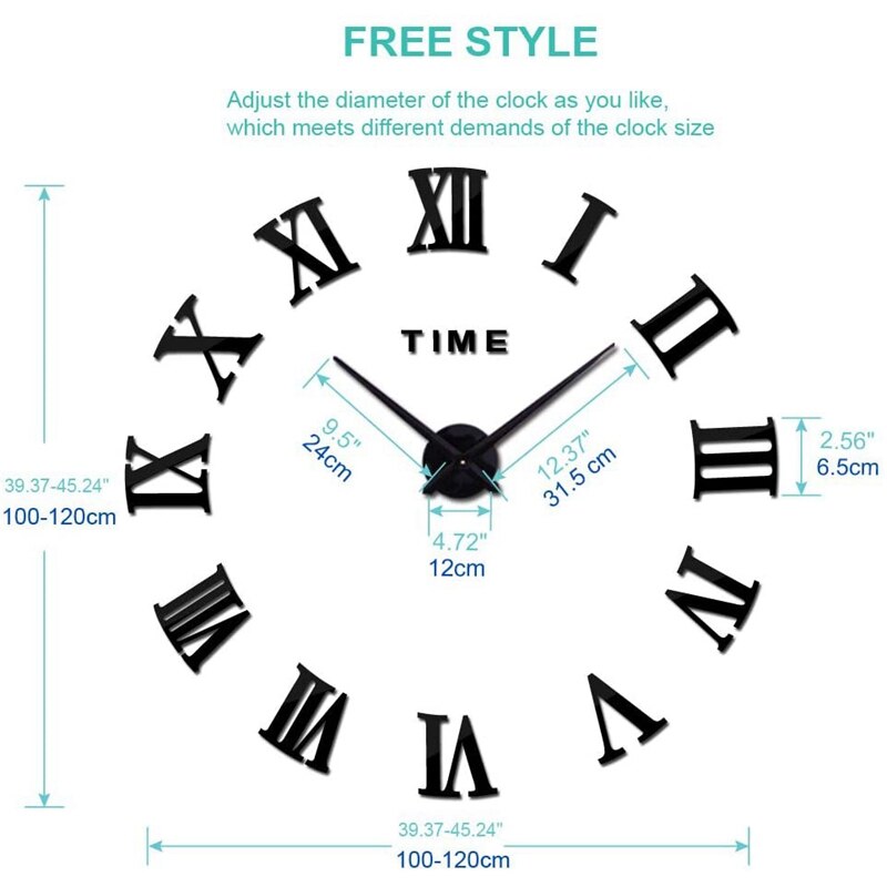 Large DIY Wall Clock Kit, 3D Quartz Clocks with Mirror Roman Number for Home Living Bedroom Office Decor