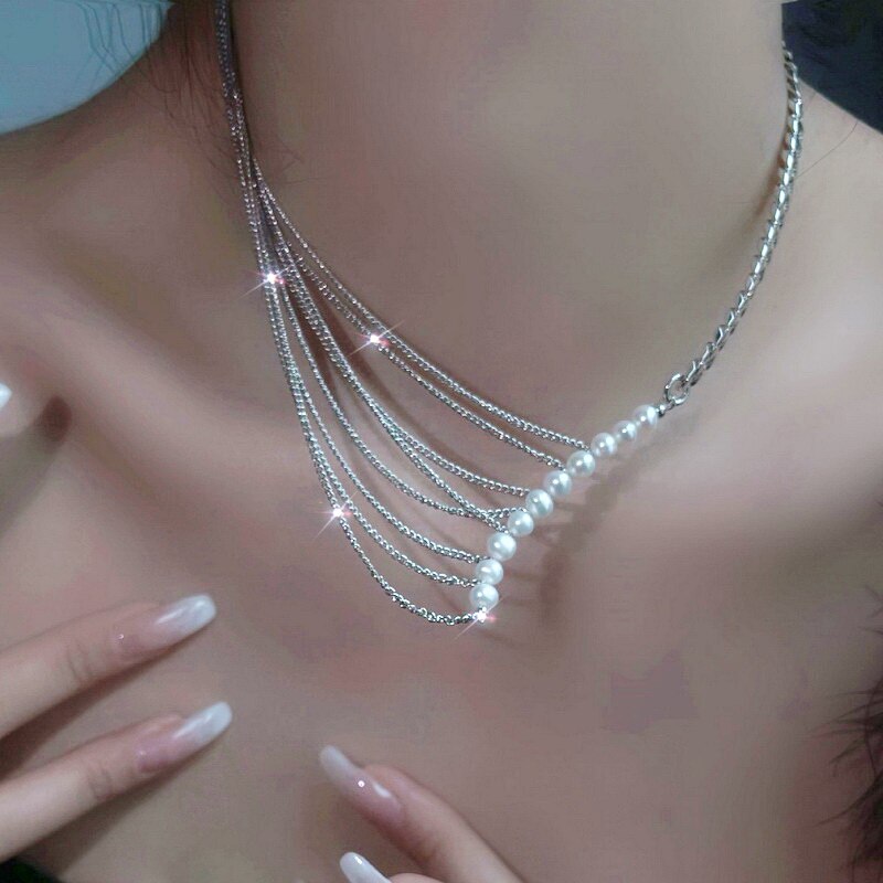 Pearl Clavicle Chain Choker Necklace for Women Rhinestone Tassel Pendant Wedding Party Statement Girls Collar