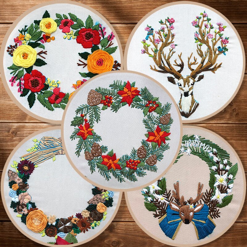 Embroidery Kits Holding Flowers Embroidery Shed Sewing Kit Xmas Wreath Style With Embroidery Hoop Beginner Hand-stitched Decor