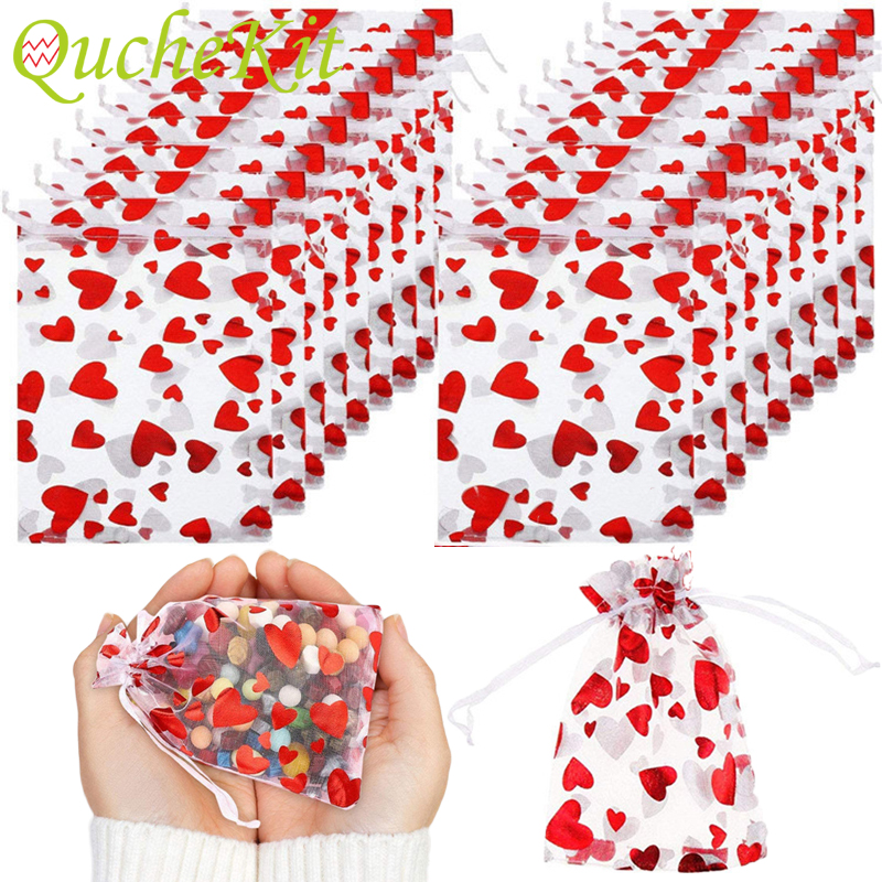 100Pcs Valentijnsdag Organza Zak Liefde Hart Trekkoord Sieraden Candy Bag Pounch Cosmetische Verpakking Tassen Wedding Party